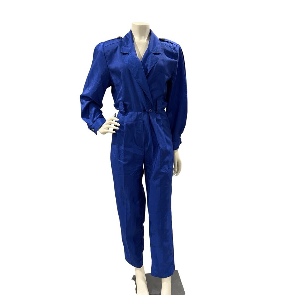 VTG 1980s Joan Walters Petites Electric Blue Double Breasted Lapel Jumpsuit Sz 6
